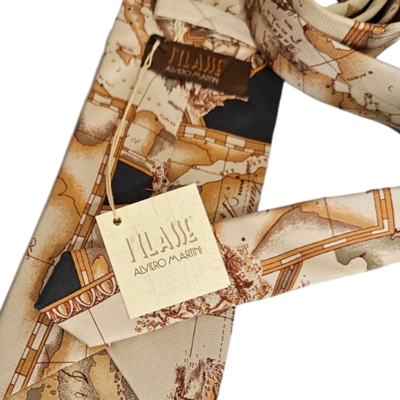 ALVIERO MARTINI Beige Map Silk LUXURY Tie ITALY - Picture 3 of 5